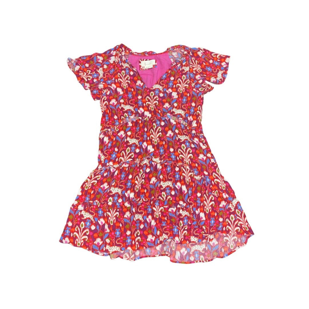Anthropology Robin Tiered Mini Dress Red Pink Floral Size Small Boho Sundress