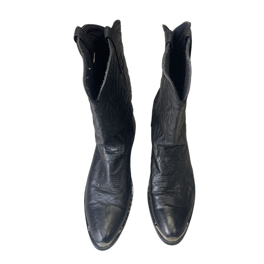 Laredo Black Leather Cowboy Boots Metal Toe Tip Size 9 Western Chic Rodeo