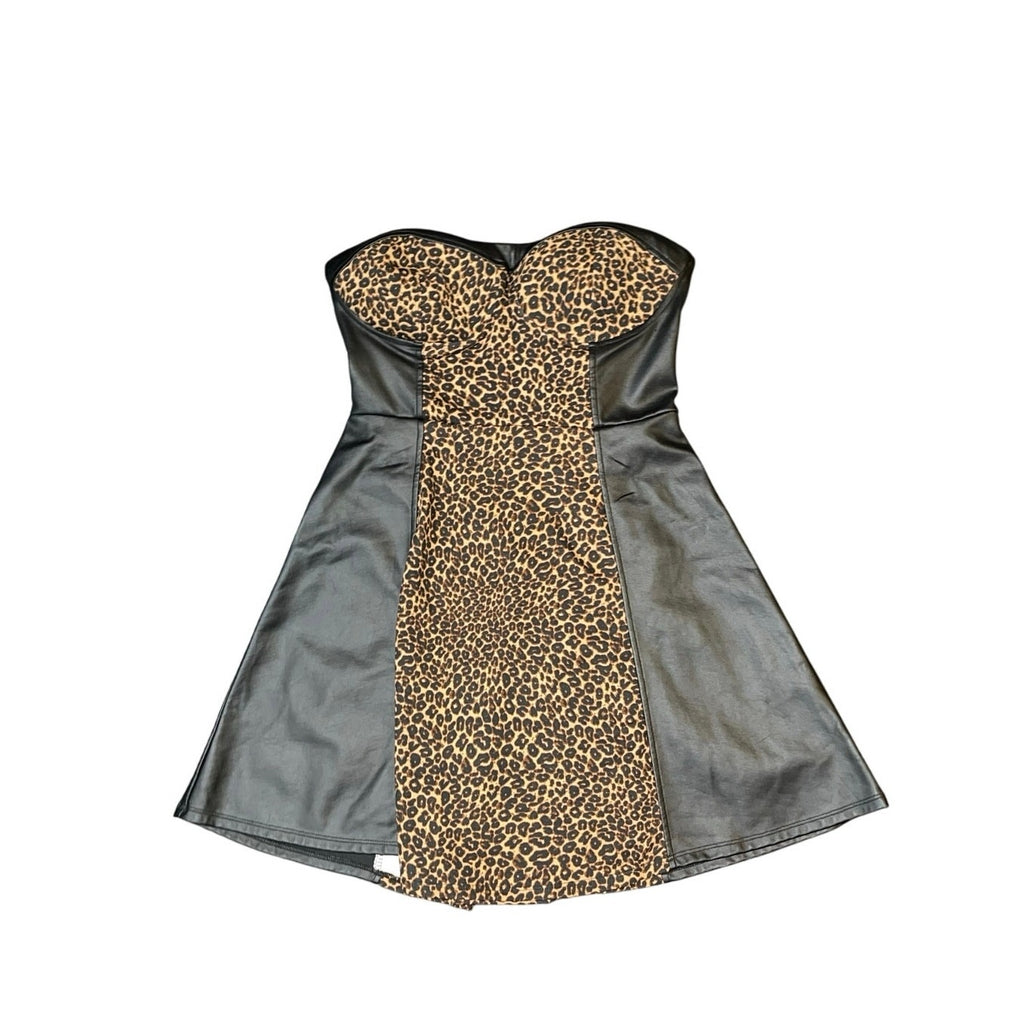 Material Girl Leopard Print and leather strapless dress Size M NWT