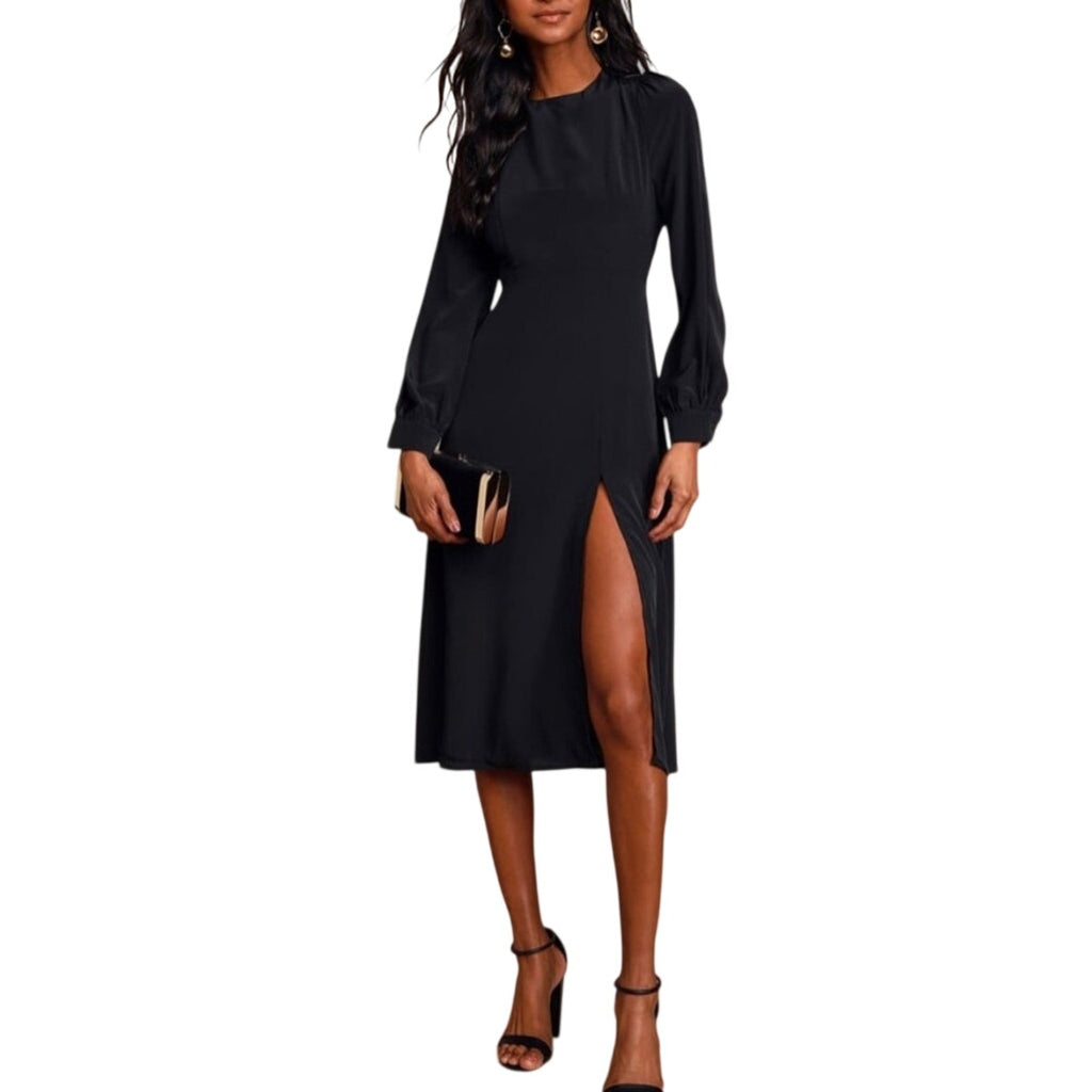 Blue Blush Long Sleeve Slit Midi Dress Size Large Back cut out Special Occasion