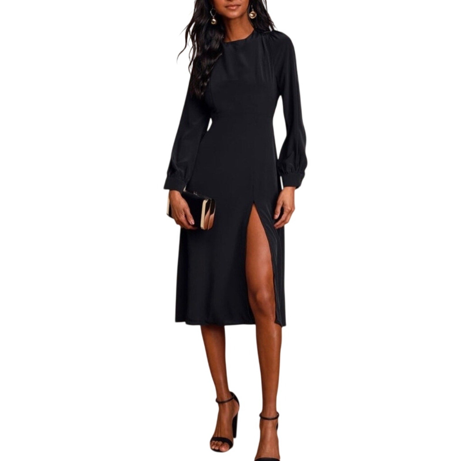 Blue Blush Long Sleeve Slit Midi Dress Size Large Back cut out Special Occasion