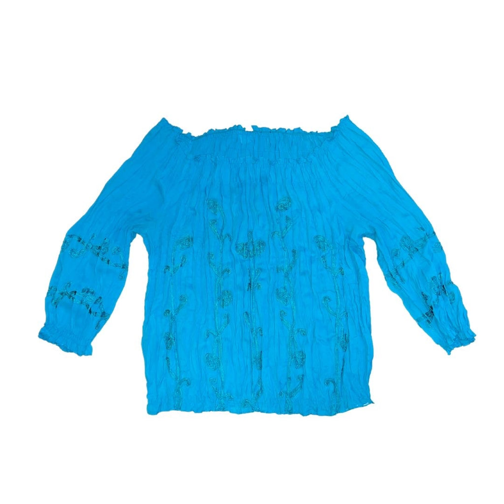 INC International Concepts Crinkle Embroidered Off the Shoulder Turquoise Blouse