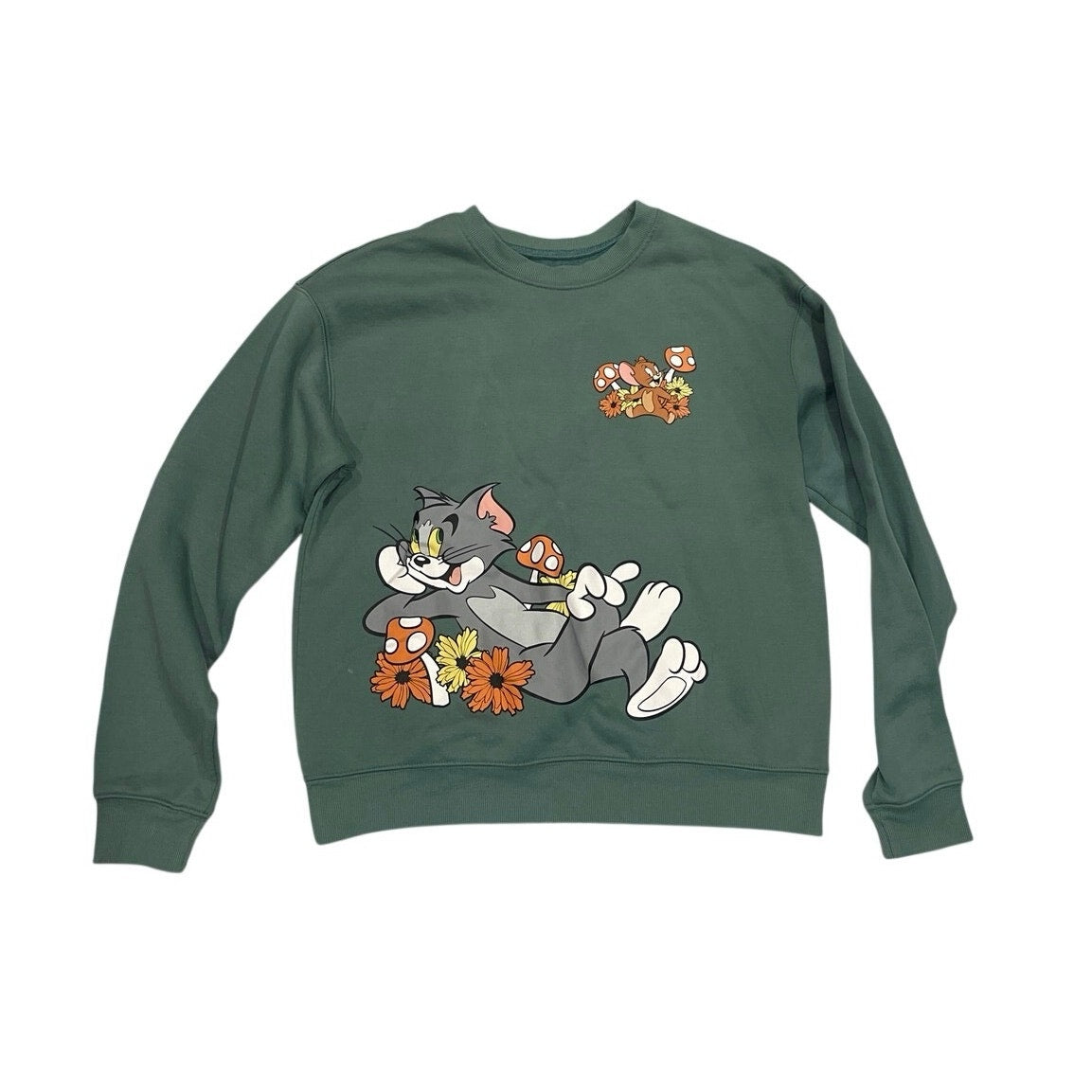 Tom and Jerry Green Graphic Crewneck Pullover Sweater Medium Loungewear Casual