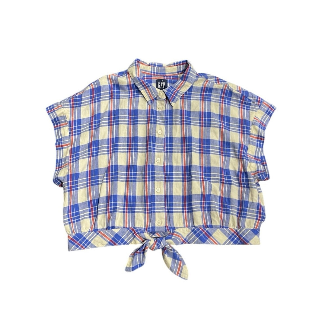 Gap Linen Blend Tie Front Cropped Boxy Fit Plaid Button up Shirt Size Large NWT