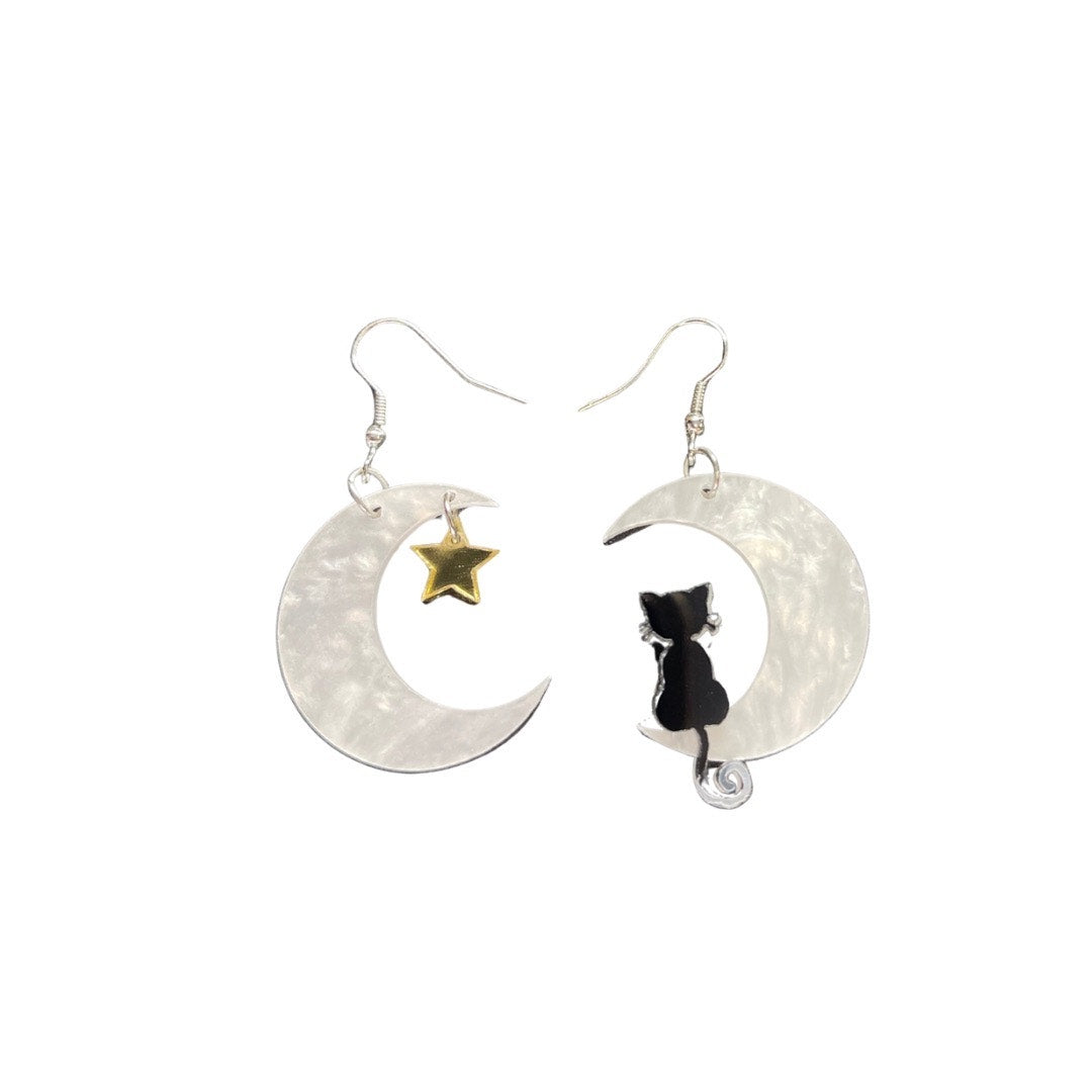 Crescent and cat earring