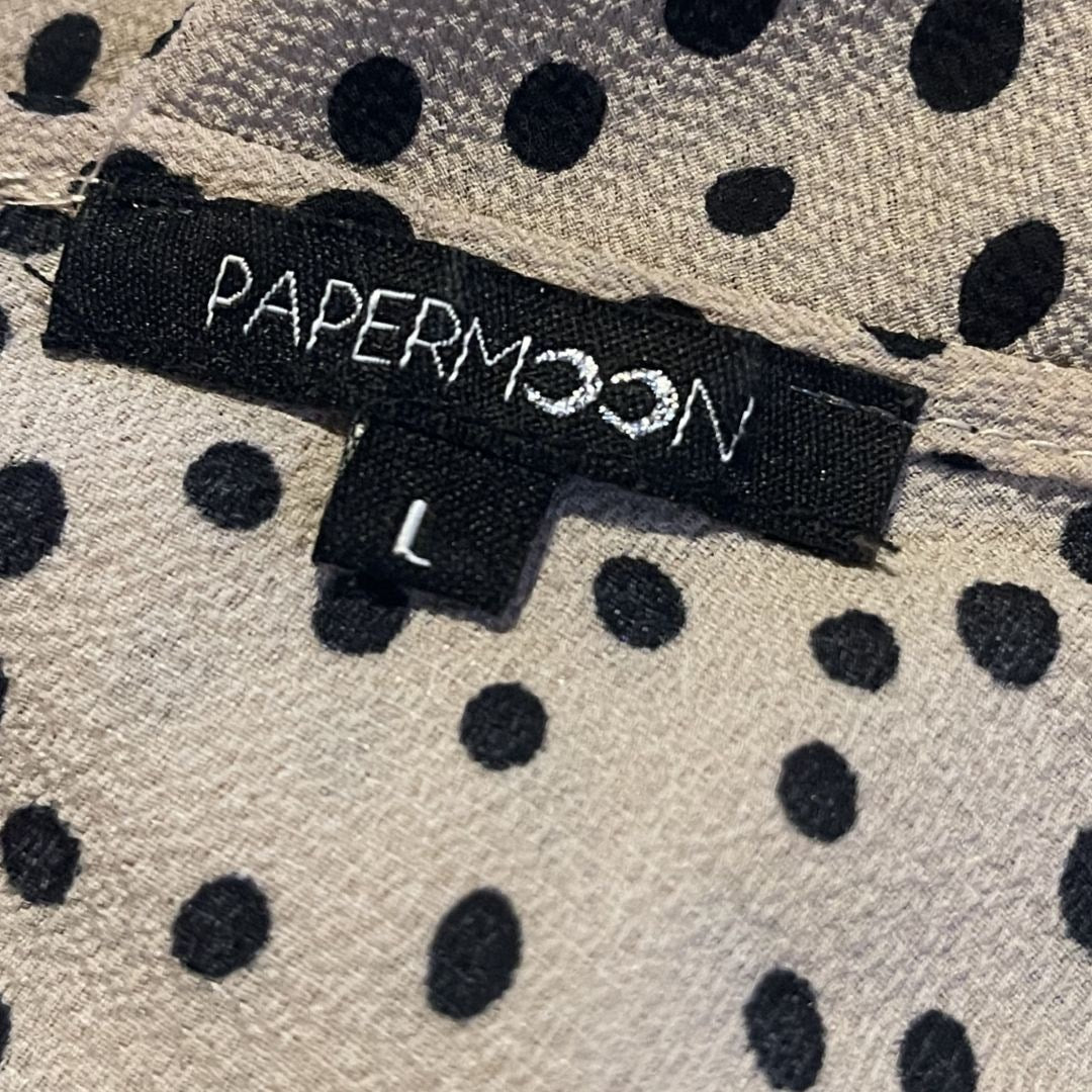 Papermoon Tan and Black Polka Dot Blouse Size Large Flutter Sleeves Chic Office