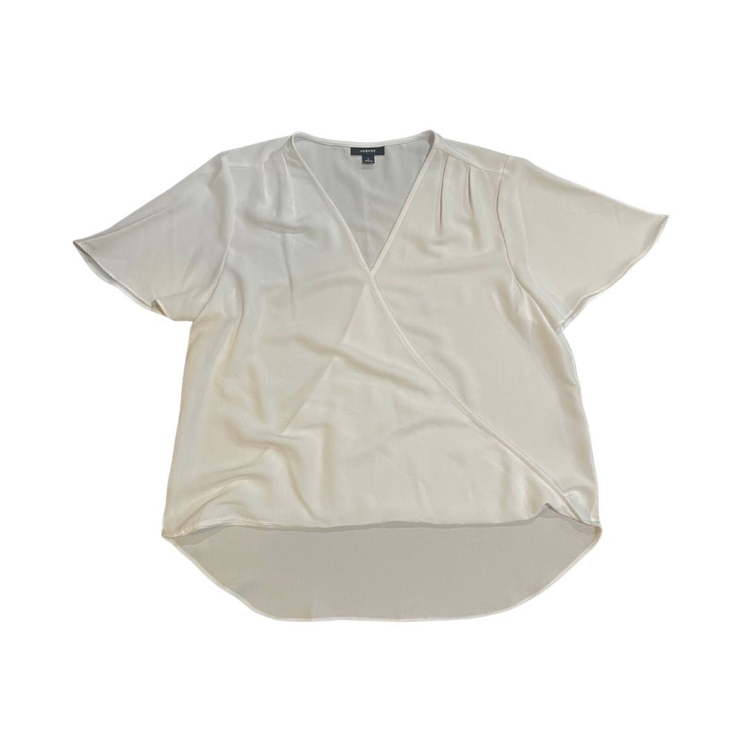 Alfani White Faux Wrap Blouse Flutter Sleeves Size Large Career Office Preppy