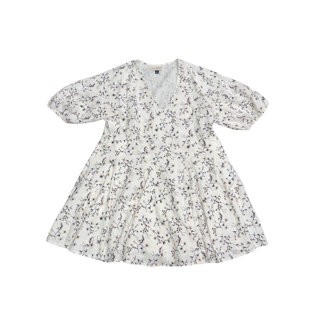 Universal Threat V-Neck White Floral Dress Medium Puff Sleeves A-Line Babydoll