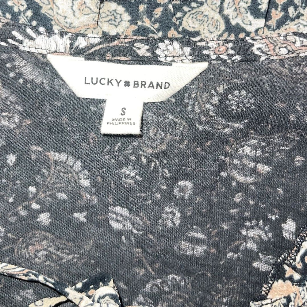 Lucky Brand Split SmokedNeck Peasant Blouse Balloon Sleeve Paisley Boho NWT