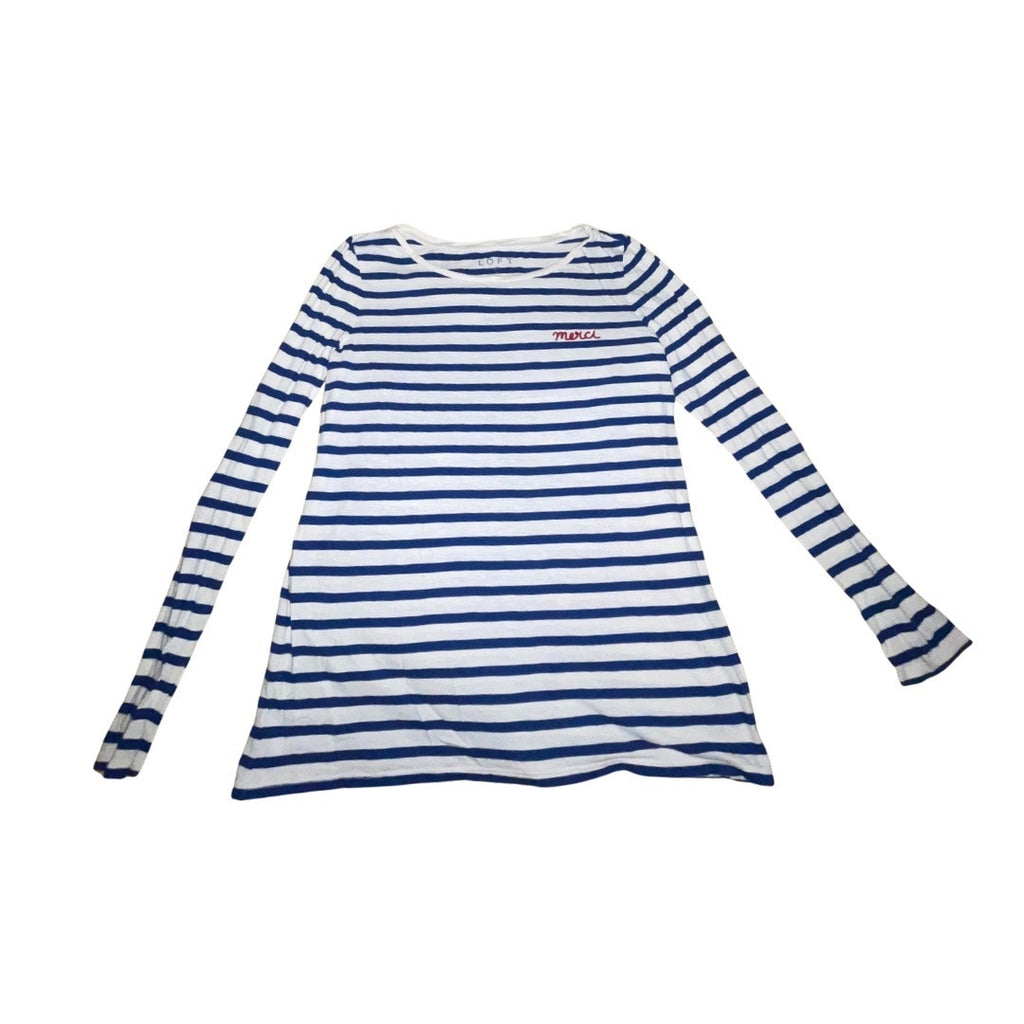 Loft Blue White Striped Long Sleeve Shirt Embroider Merci Harbor Nautical Paris