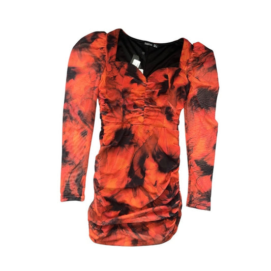 Boohoo Printed Mesh Ruched Long Sleeve Dress NWT