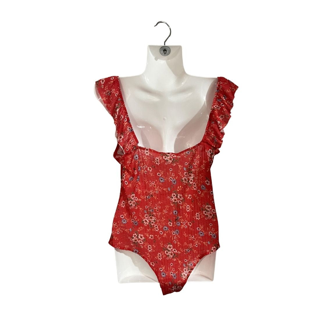 Socialite Red Floral Flutter Sleeves Ribbed Bodysuit Size Small Botanical Boho