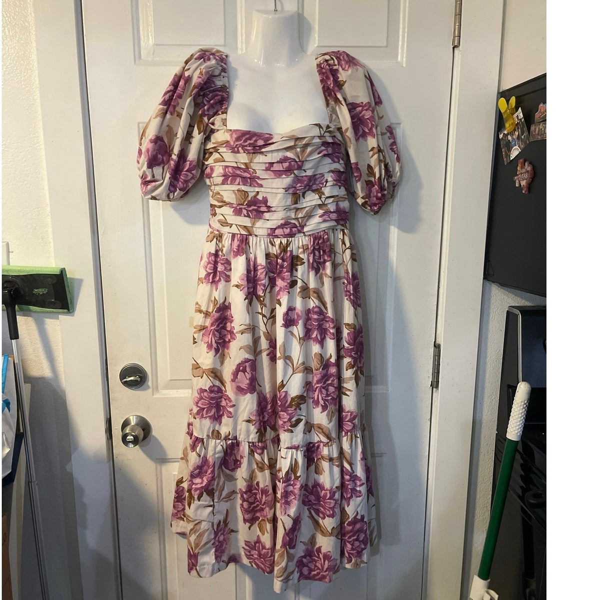 Abercrombie & Fitch Emerson Poplin Puff Sleeve Floral Midi Dress SZ S Milkmaid