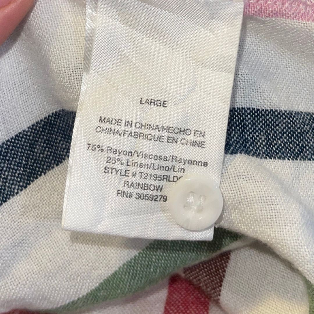 Thread & Supply Raw Trim Striped Blouse Linen Blend SZ Large Button Back Casual