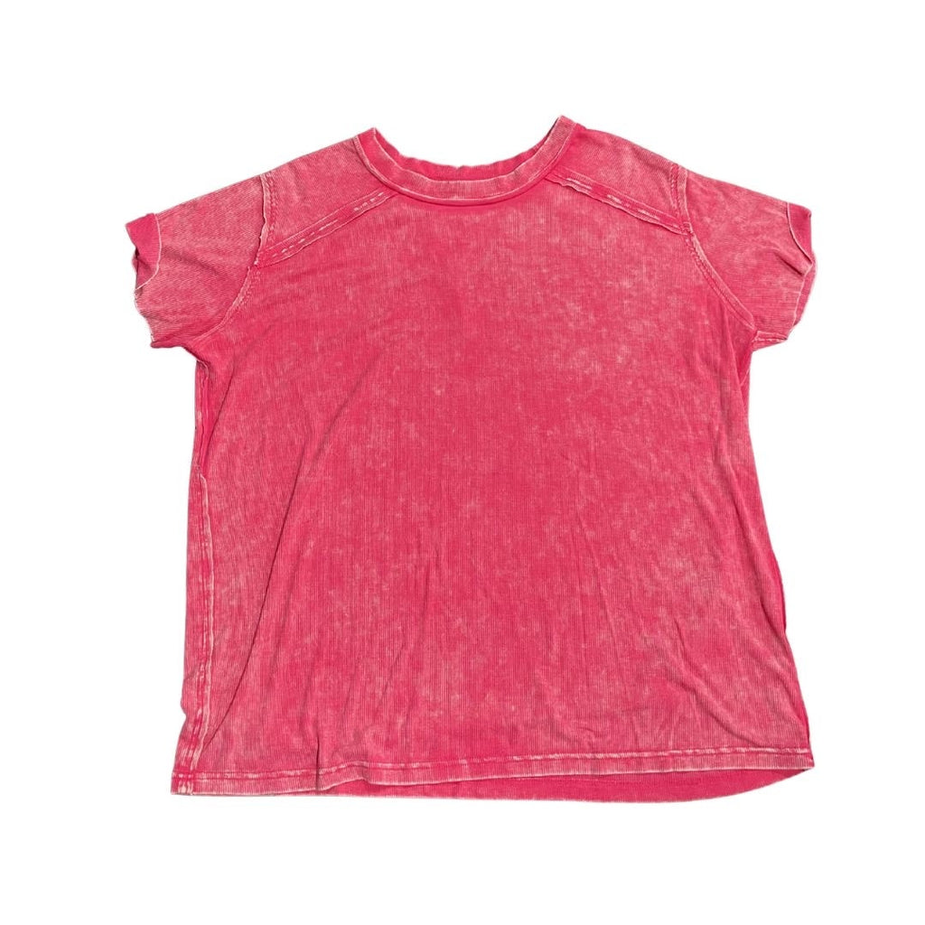 Zenana Washed Ribbed Short Sleeve Boat Neck Hot Pink Size S/M Lounge Artsy Boho