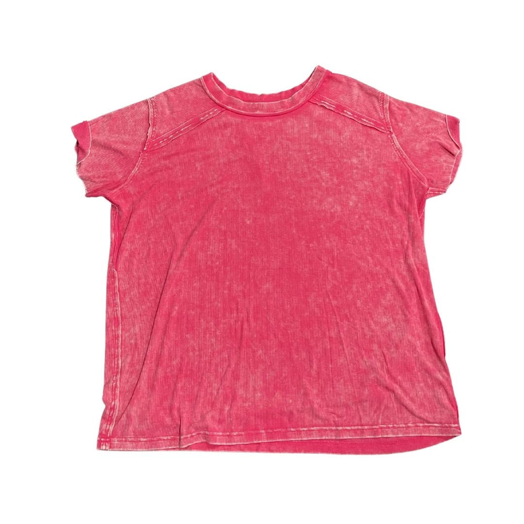 Zenana Washed Ribbed Short Sleeve Boat Neck Hot Pink Size S/M Lounge Artsy Boho
