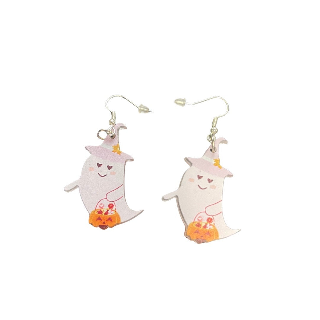 Pink witch ghost with pumpkin basket earring