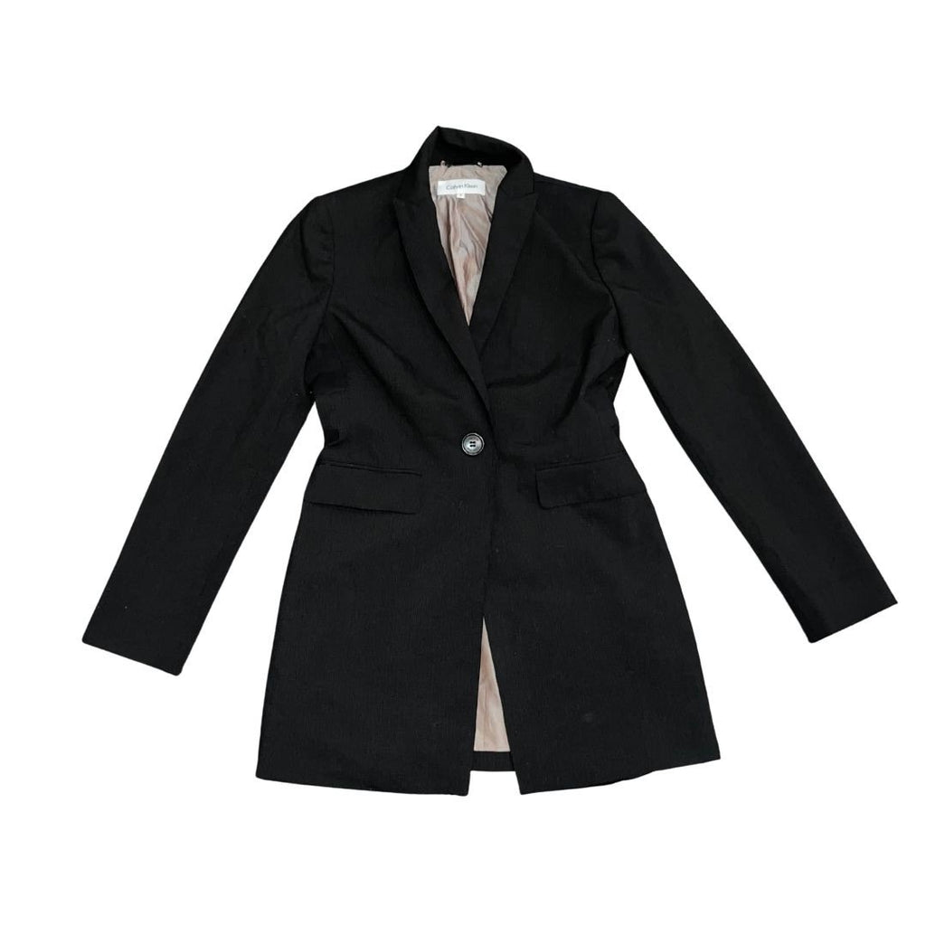 Calvin Klein One Button Long Blazer SZ 2 Wool Blend Career Professional Coat