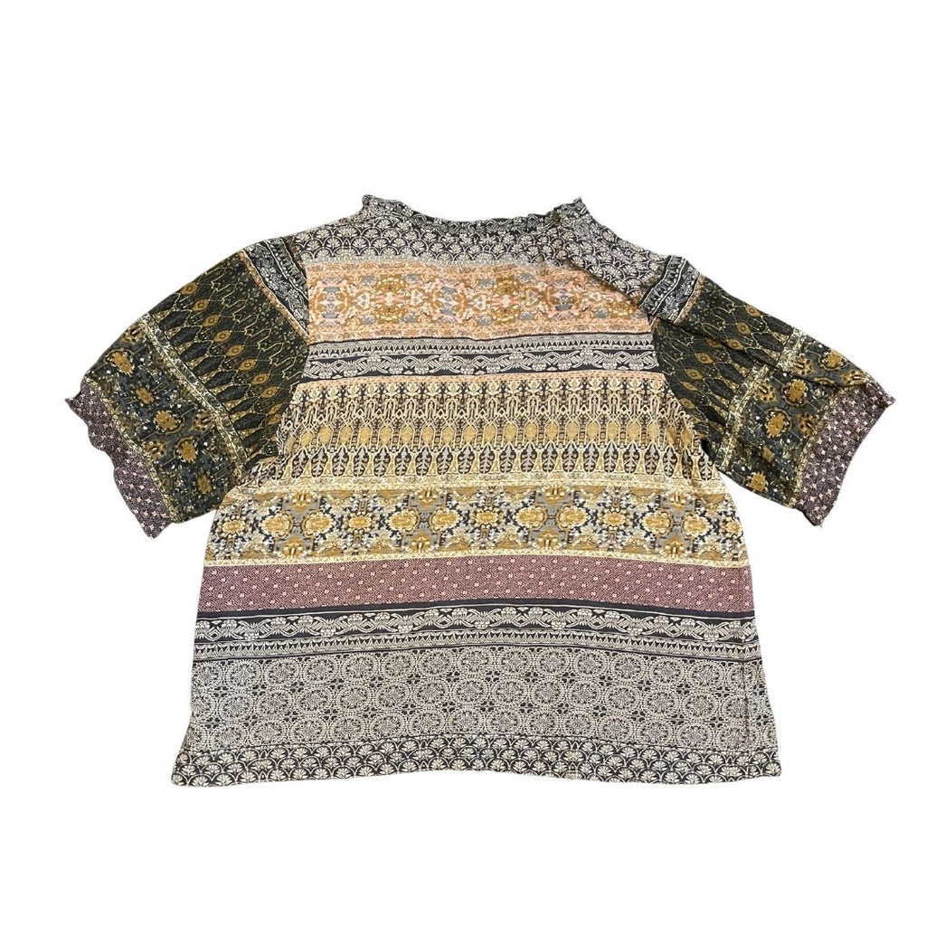 Lucky Brand Bohemian Mixed Media Blouse SZ Large Artsy Chic Teacher Casual Flaw