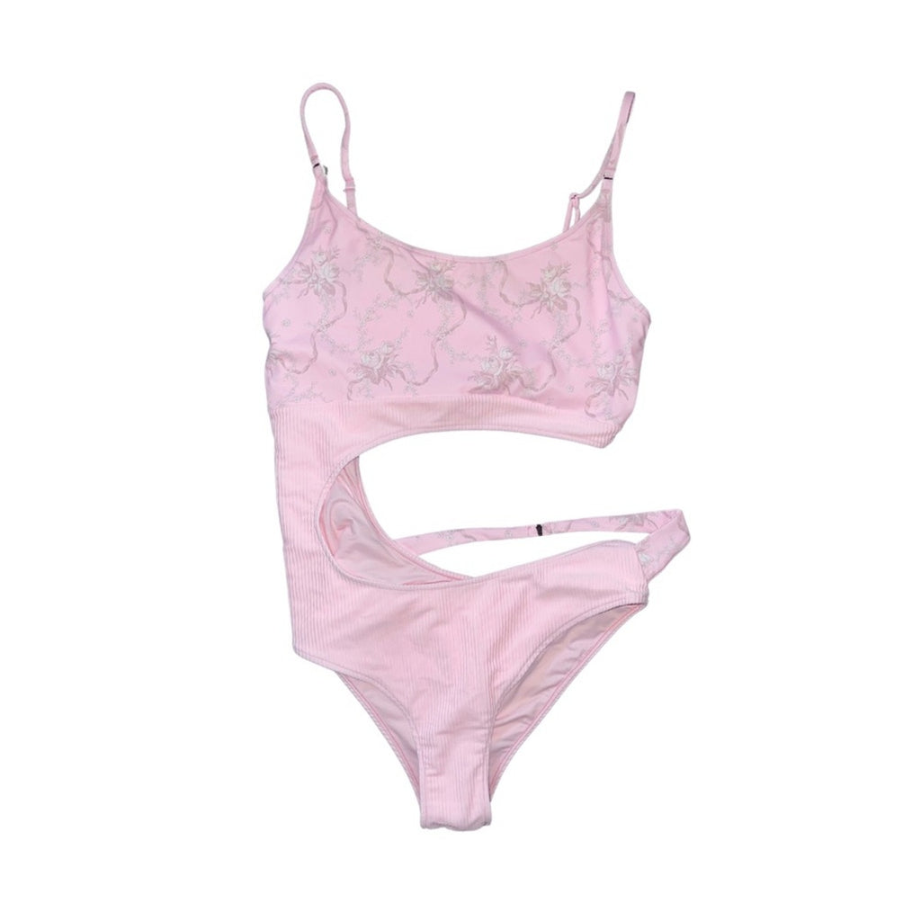 Frankie’s Bikini Thea Ribbed Cutout One Piece Swimsuit Size Large Pink Beach NWT