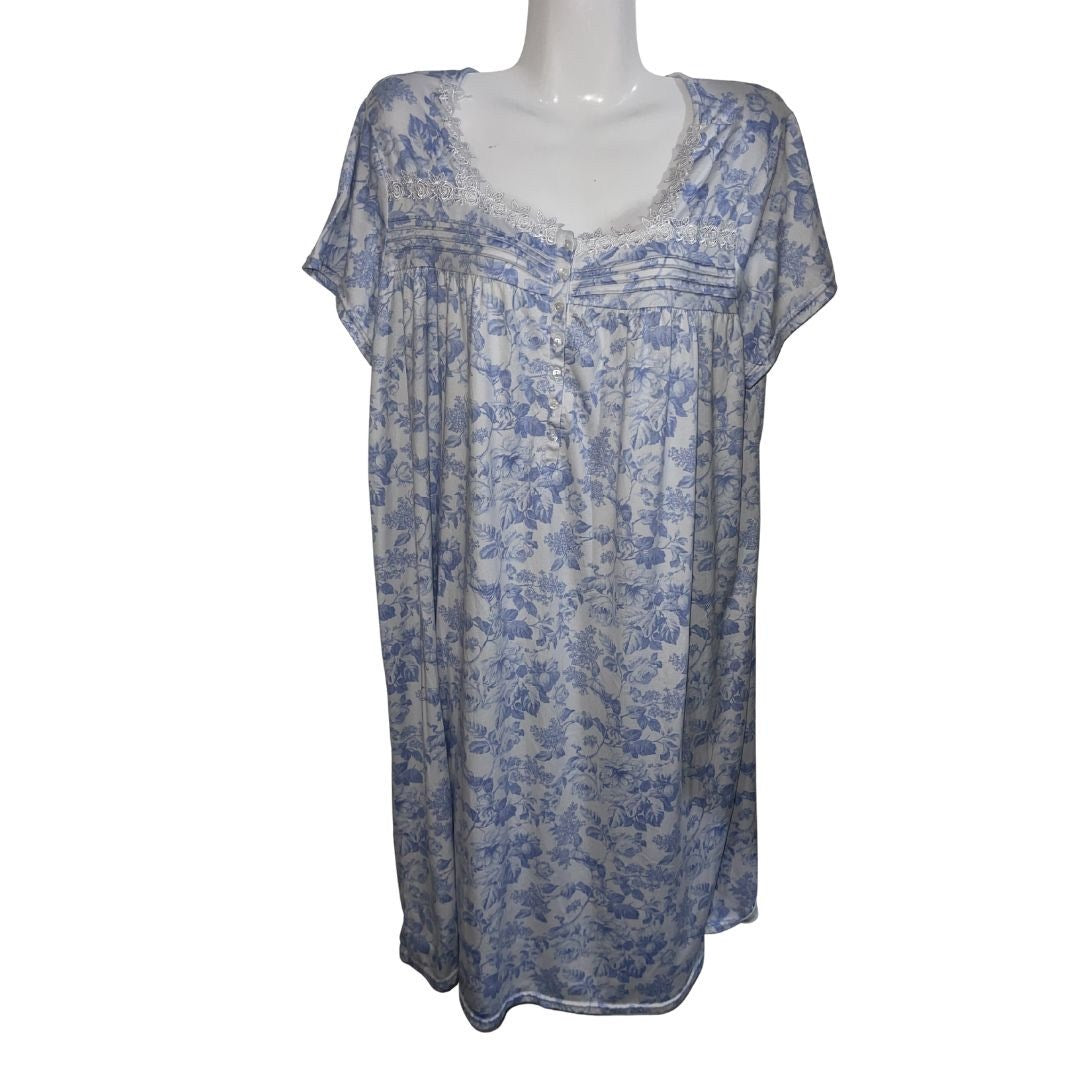 Laura Ashley Blue White Floral Nightgown Lace Trim Large Pajama Soft Loungewear