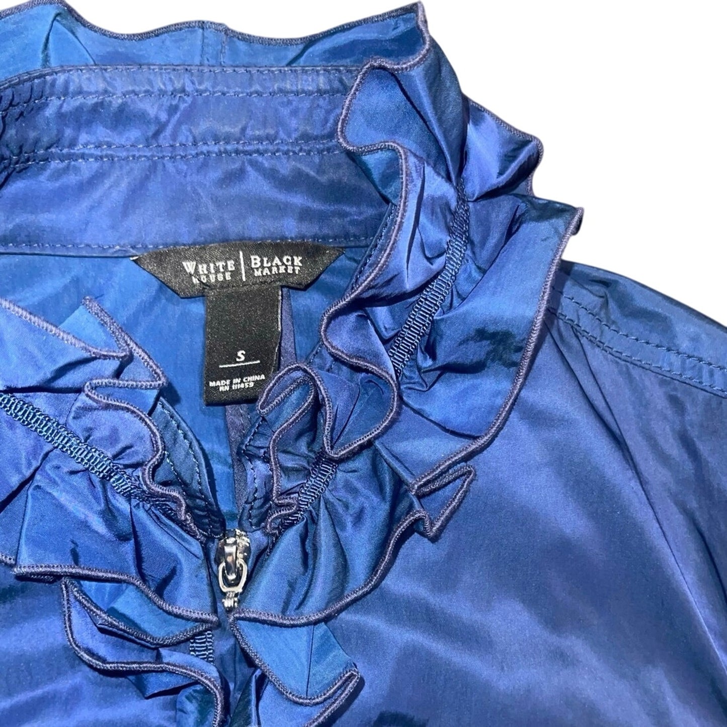 White House Black Market Belted Blue Nylon Ruffle Jacket coat Zip up Size XS