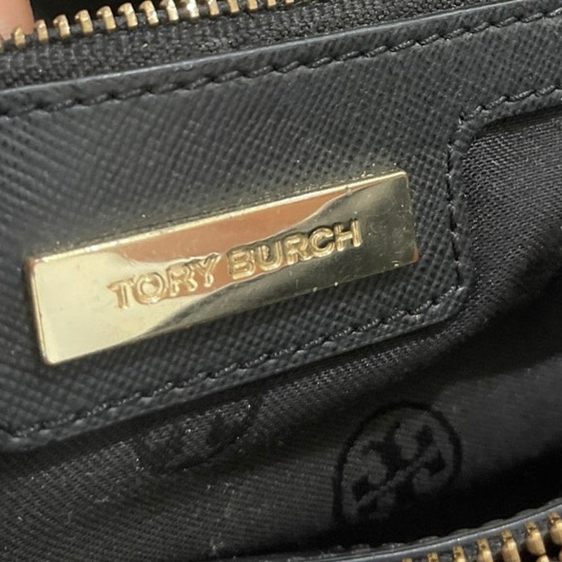 Tory Burch Logo Robinson Black Basket Woven Leather Satchel Tote Handbag Classic