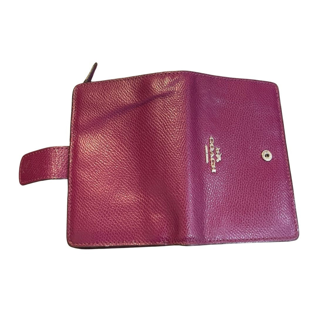 Coach Medium Corner Zip Coin Wallet Purple Plum Pebble Leather Compact Accessory