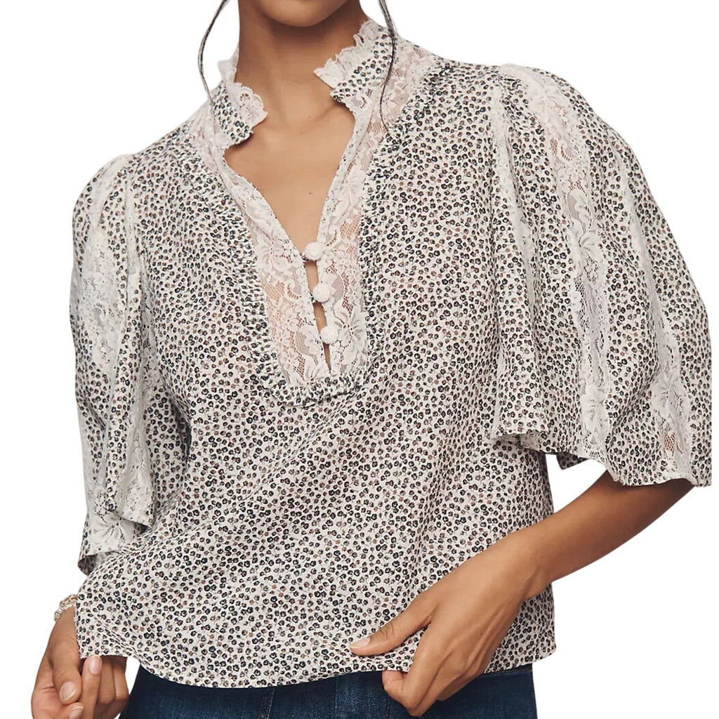 By Anthropologie Cape Sleeve Lace Trim Blouse SZ Large Peasant Boho Cottage NWT