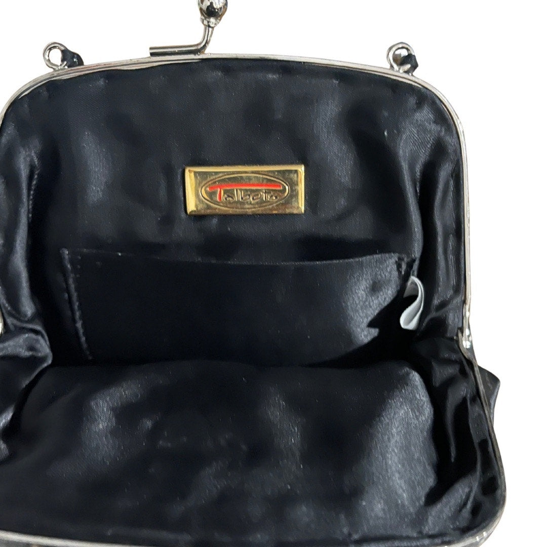 Vintage Talbots Satin Style Evening Purse Beaded Straps Silver Kiss Lock Prom