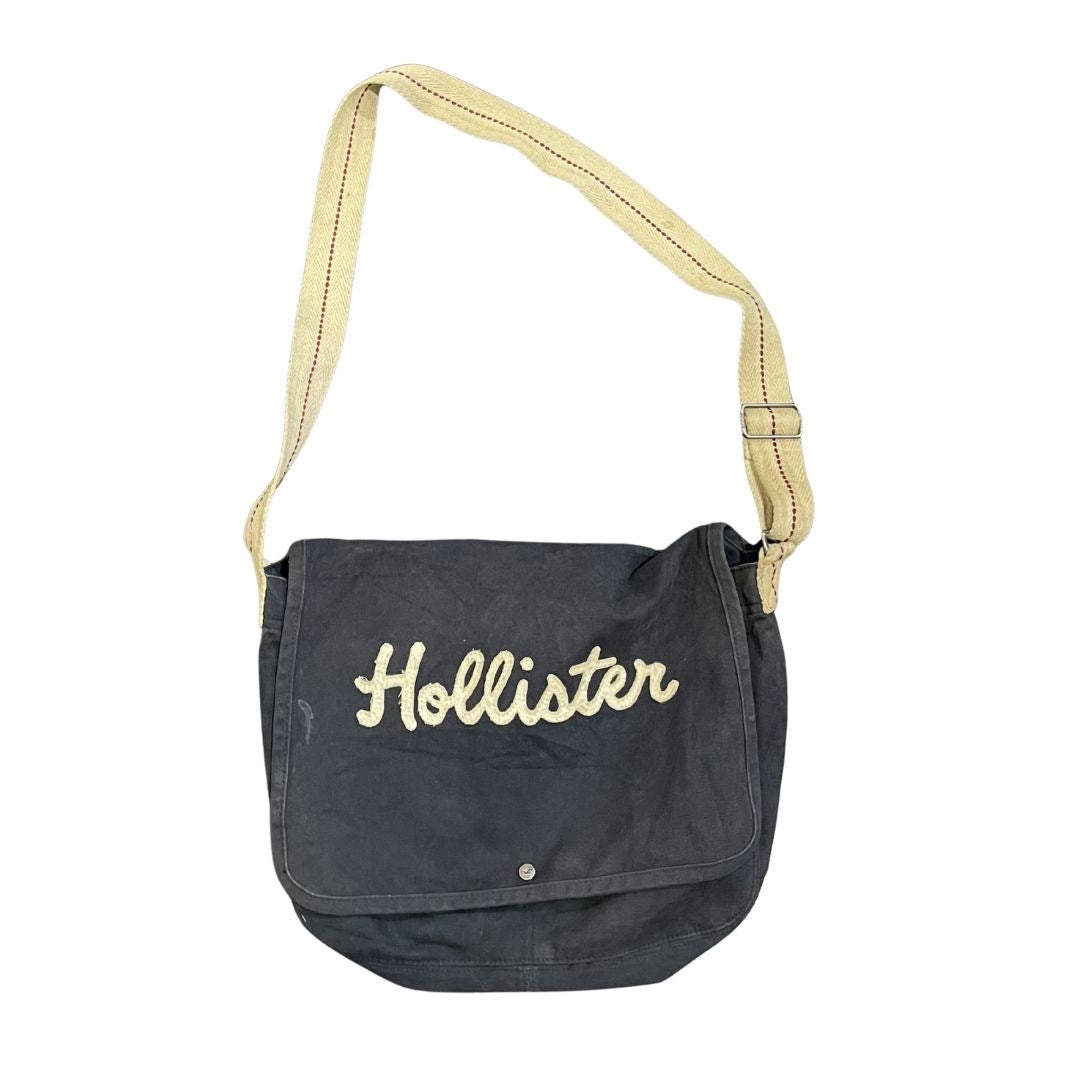 Hollister Logo Navy Blue Canvas Messenger Shoulder Bag Y2K Vintage Mailcore