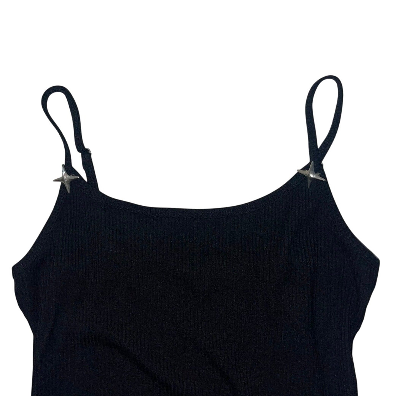 Cider Long Black Ribbed Slit dress with adjustable straps with Metal Star pin