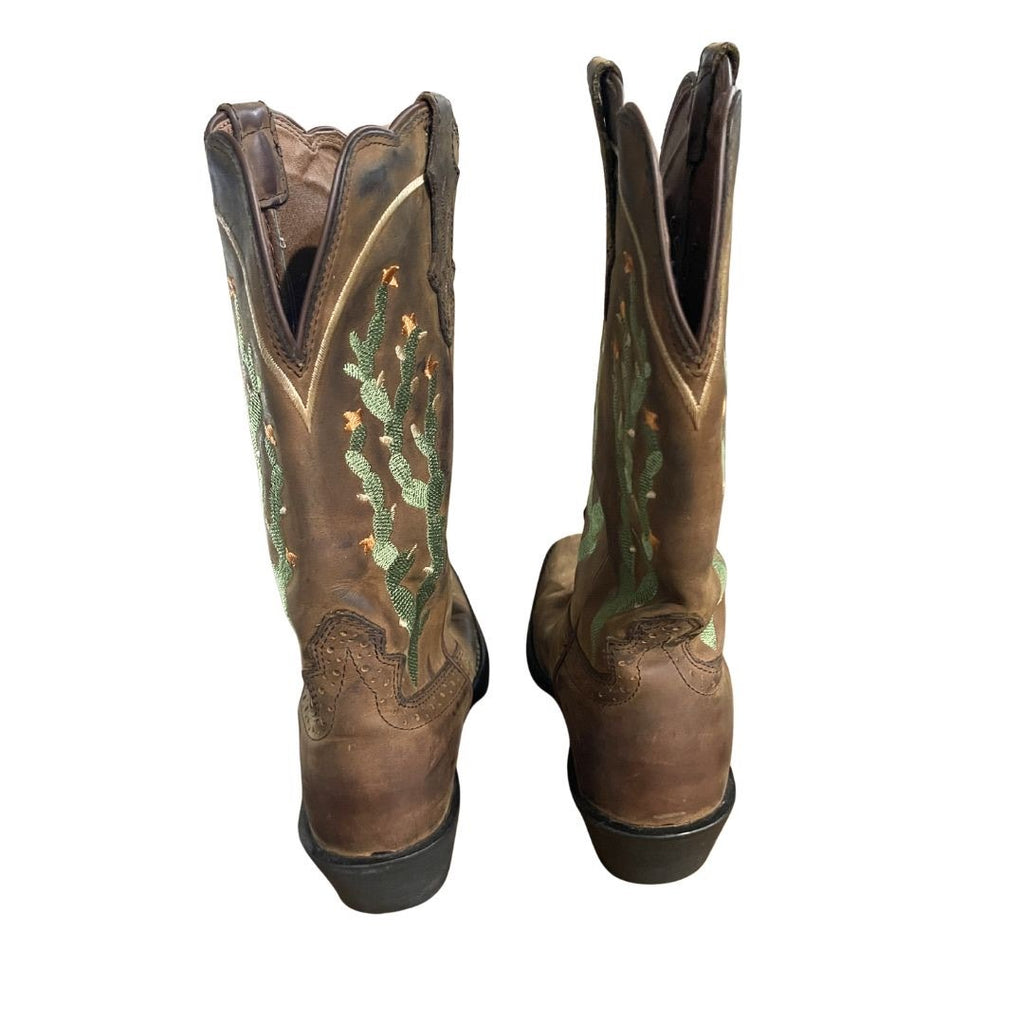 Justin Cowboy Western Boots Embroidered Cactus Shaft 8.5 Square Toe Rubber Sole