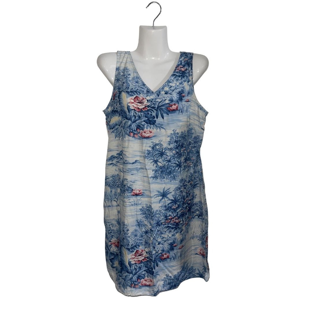 Liz Claiborne Blue V-Neck Sheath Dress Floral Hawaiian Tropical Vintage 90s
