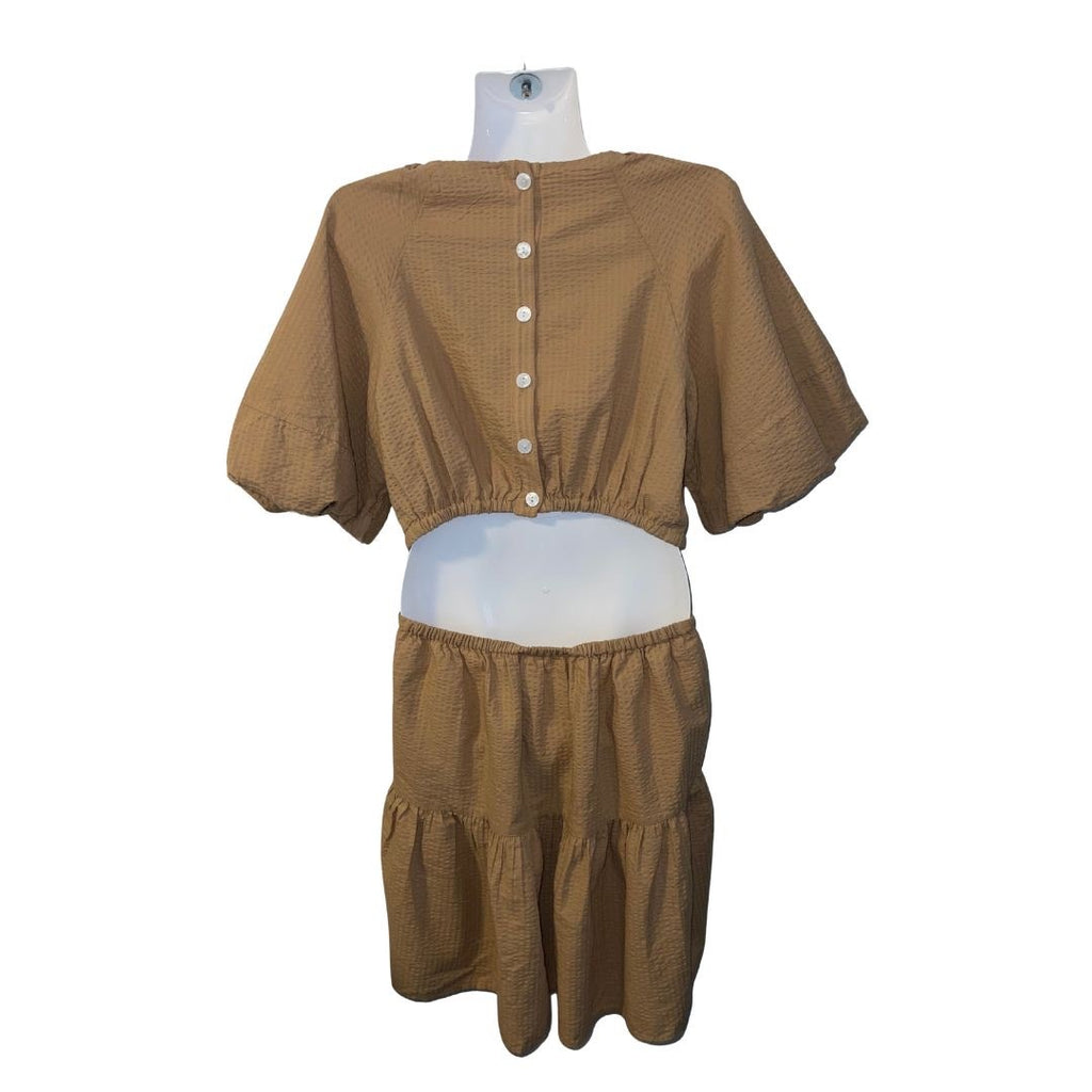 Madewell Seersucker Puff Sleeve Cutout Mini Dress Khaki Boho Size Small