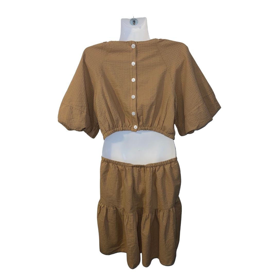 Madewell Seersucker Puff Sleeve Cutout Mini Dress Khaki Boho Size Small