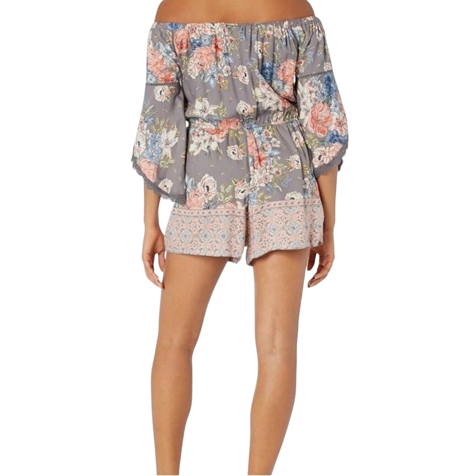 Angie Off Shoulder Floral Paisley Lace Trim Romper SZ L Boho Festival Flirty