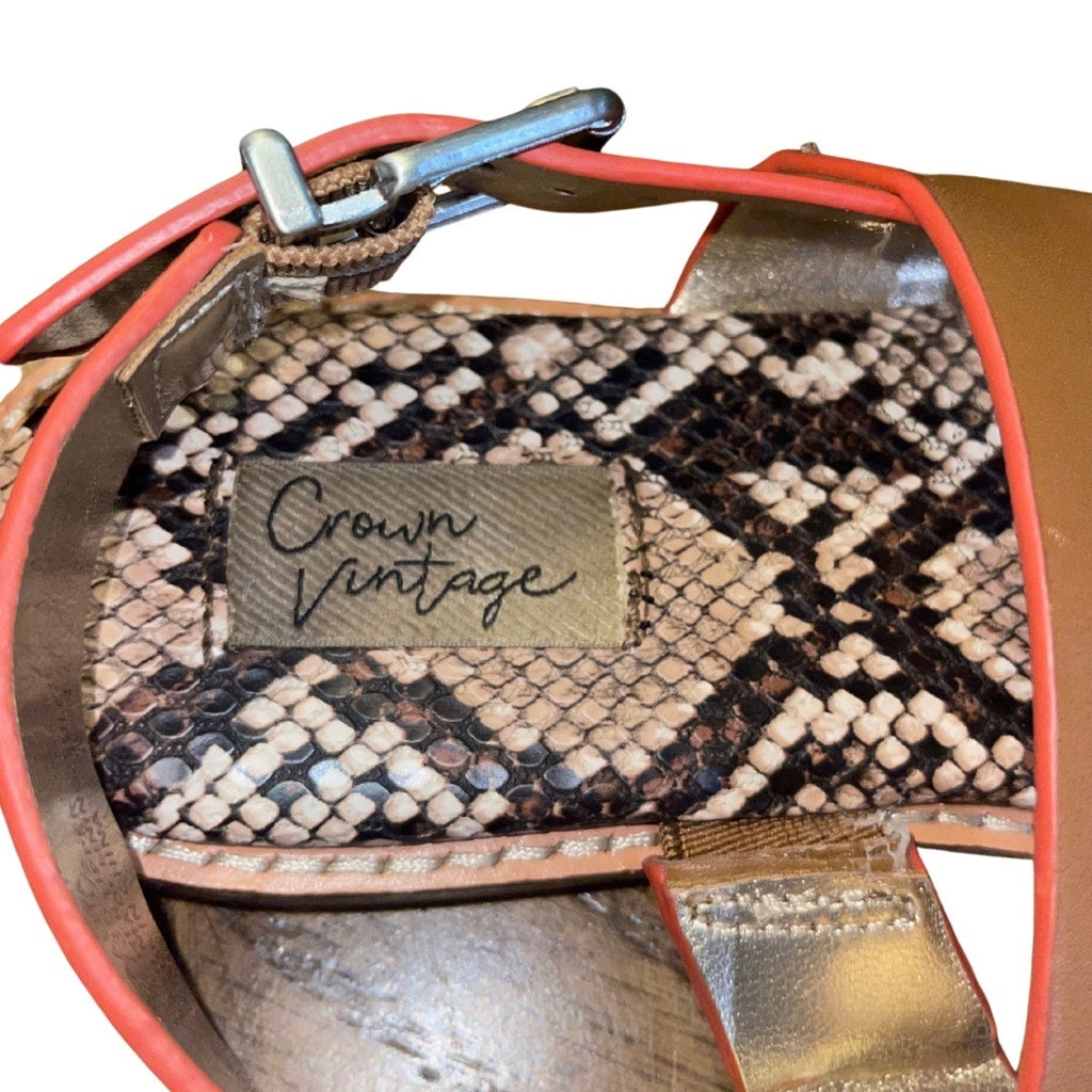 Crown Vintage Aaliya Sandals Brown Leather Snake-print Footbed size 6 Vacation