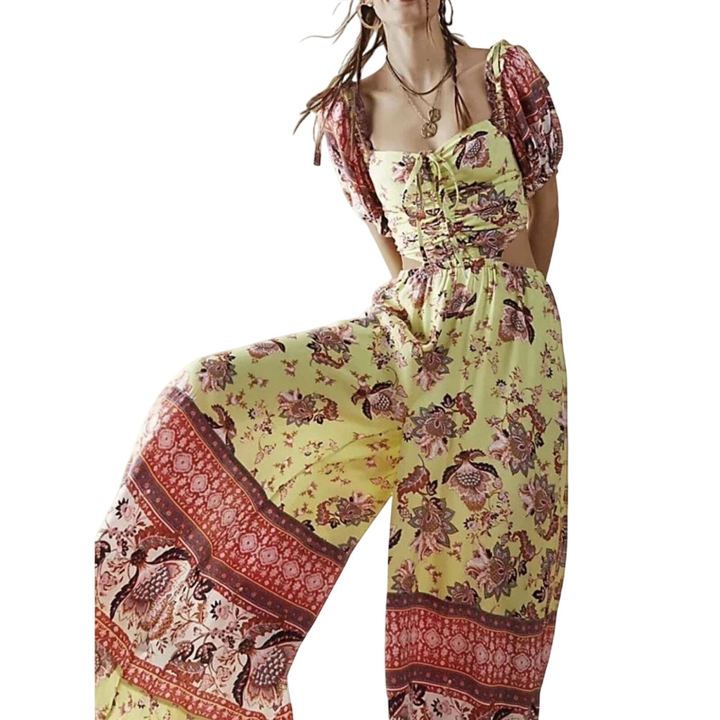 Free People Bali Citrus Skies One Piece Jumpsuit Floral XS Wide Leg Pockets Smoked