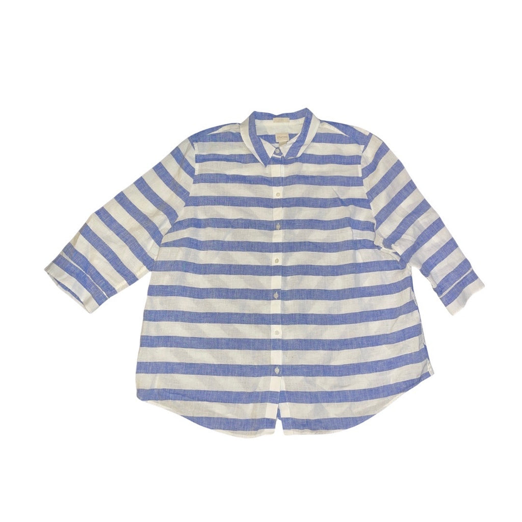 Chico's 100% Linen Women Button up Blue White Stripe 3/4 Sleeve Nautical Size XXL