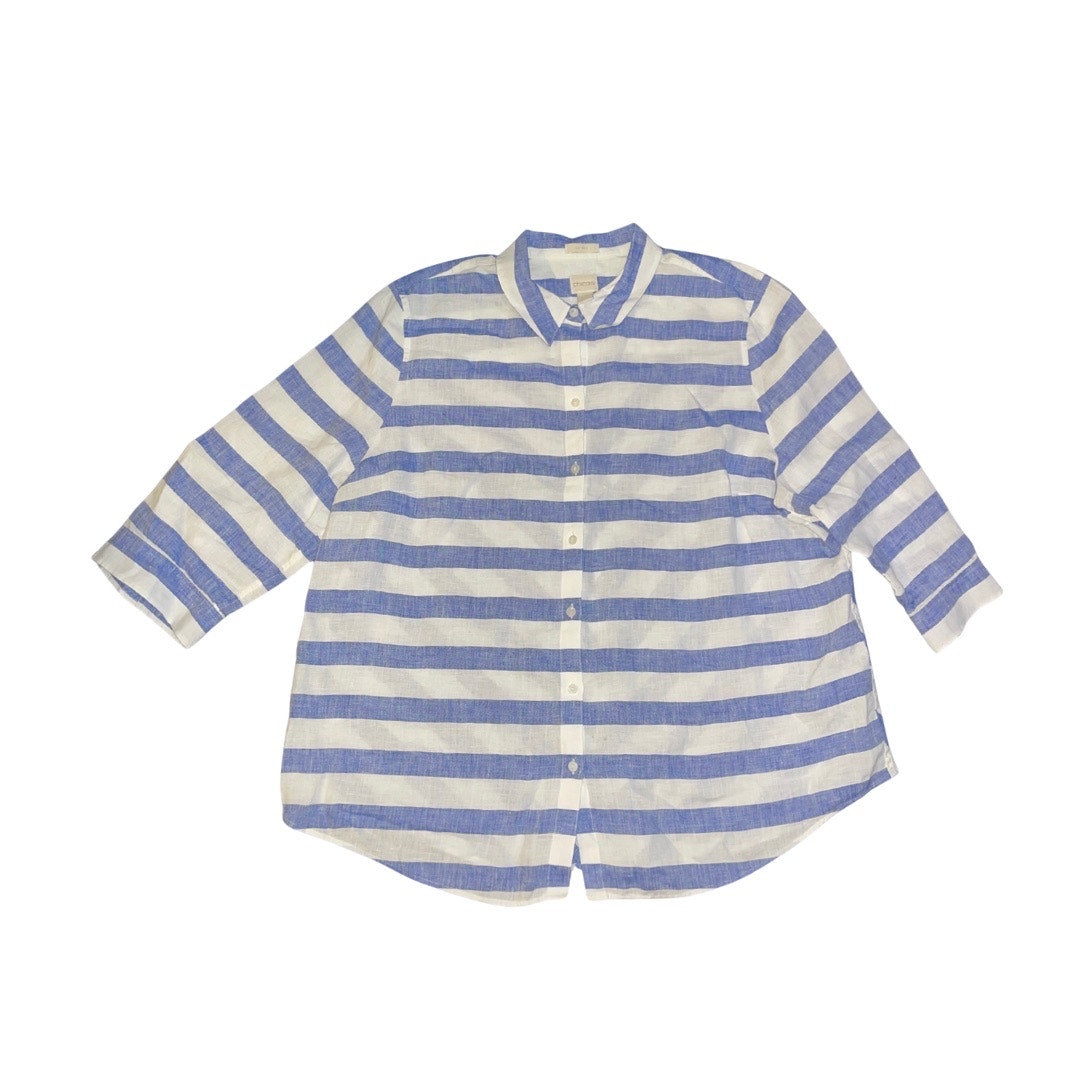 Chico's 100% Linen Women Button up Blue White Stripe 3/4 Sleeve Nautical Size XXL