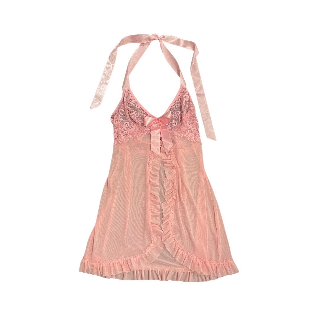 Pink Lace Sheer Mesh Babydoll Chemise Halter necktie Lingerie SZ Small Intimates