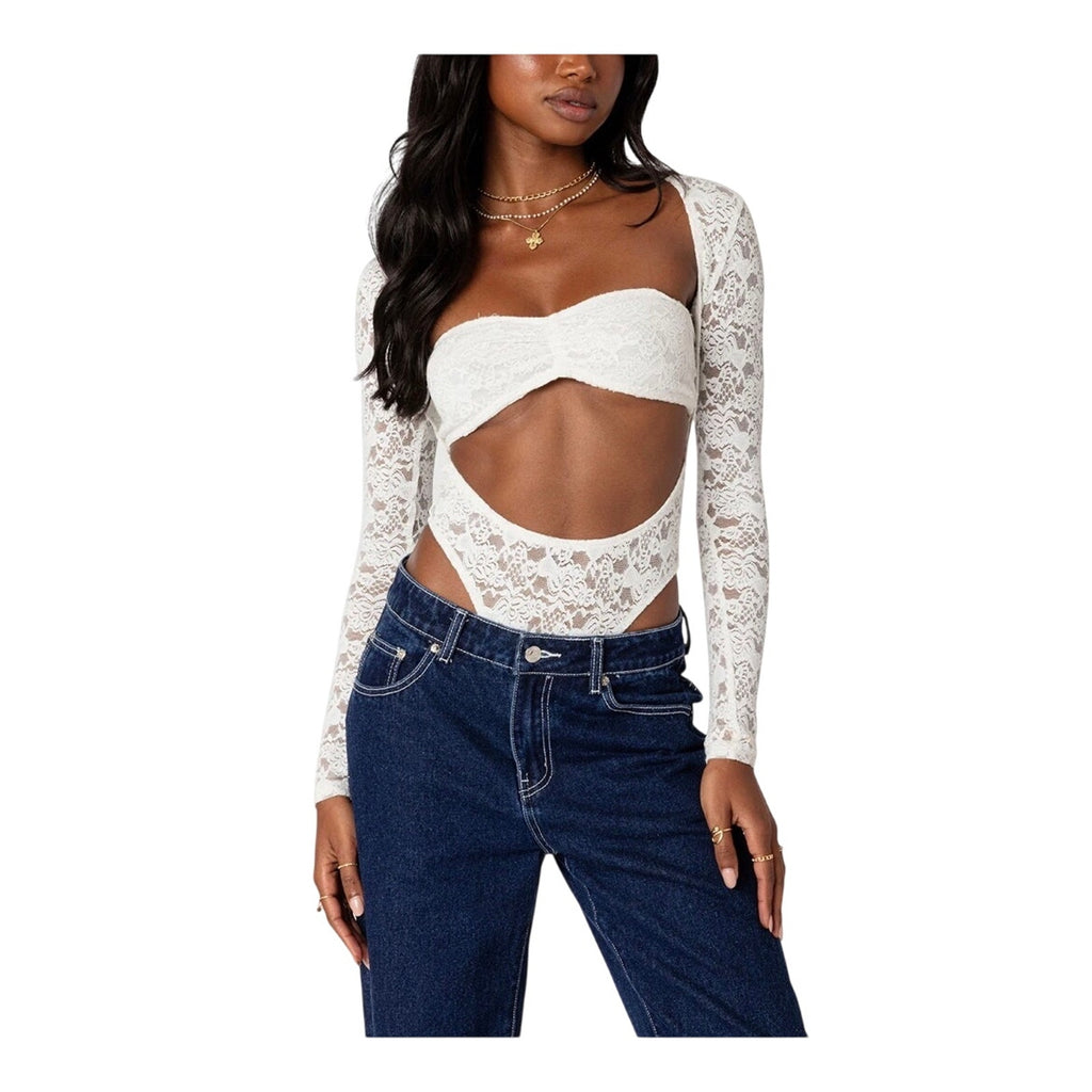 Edikted Zoey Sheer Lace Two Piece Bodysuit SZ XS Y2K Flirty Romantic Whimsy