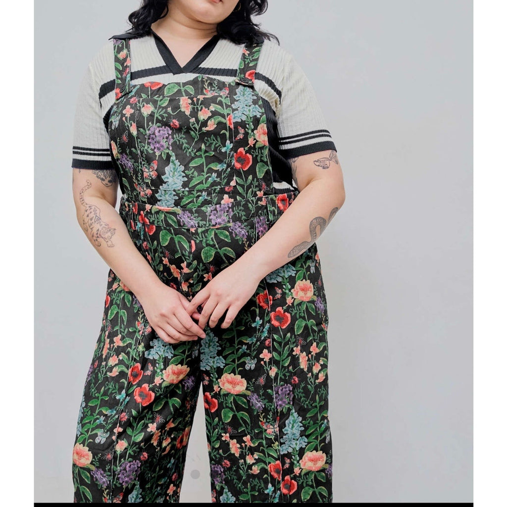 Cider Lightweight corduroy floral pocket wide leg jumpsuit overalls curve & plus
