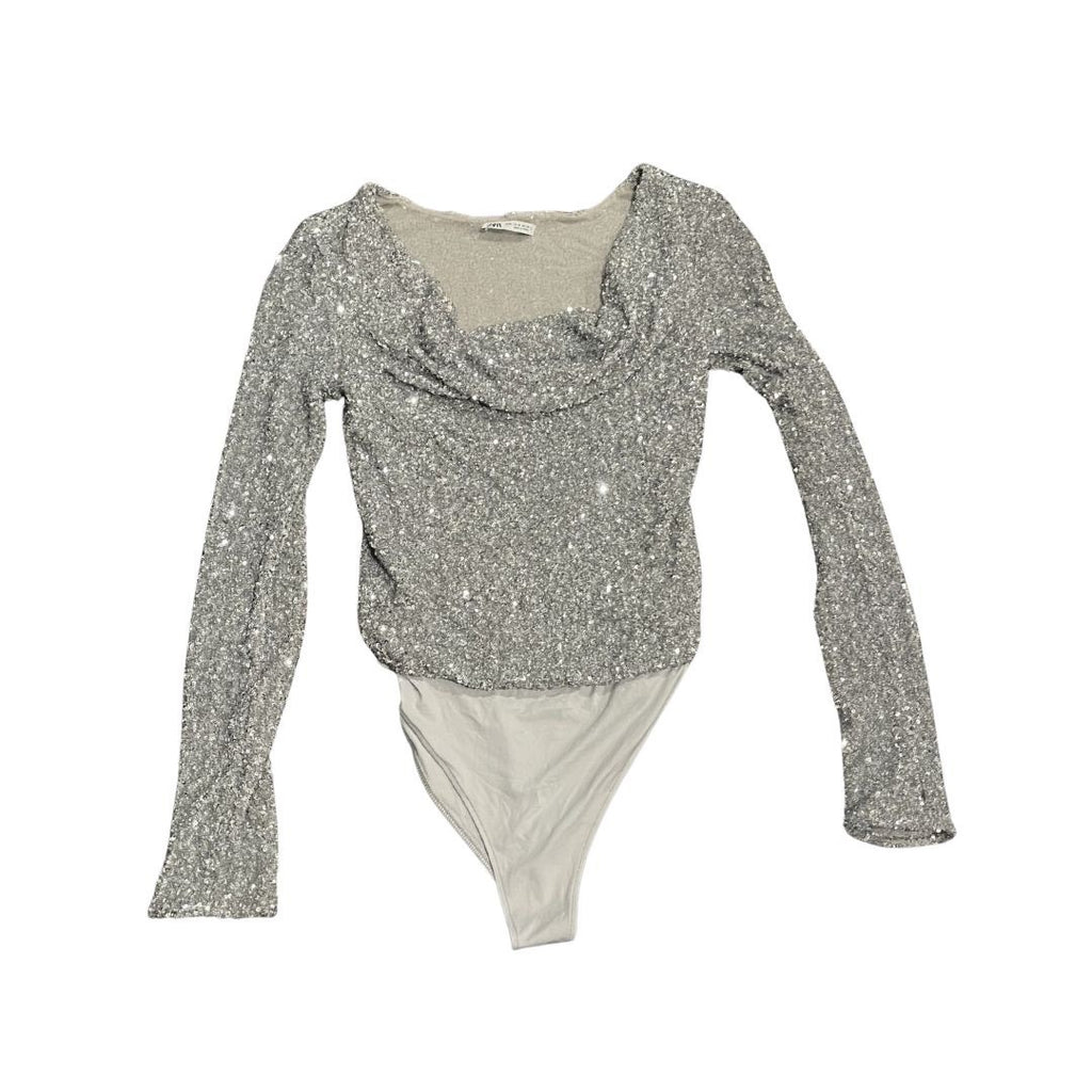 Zara Silver Sequin Bodysuit Long Sleeve Cowl Neckline Size Medium Evening Party