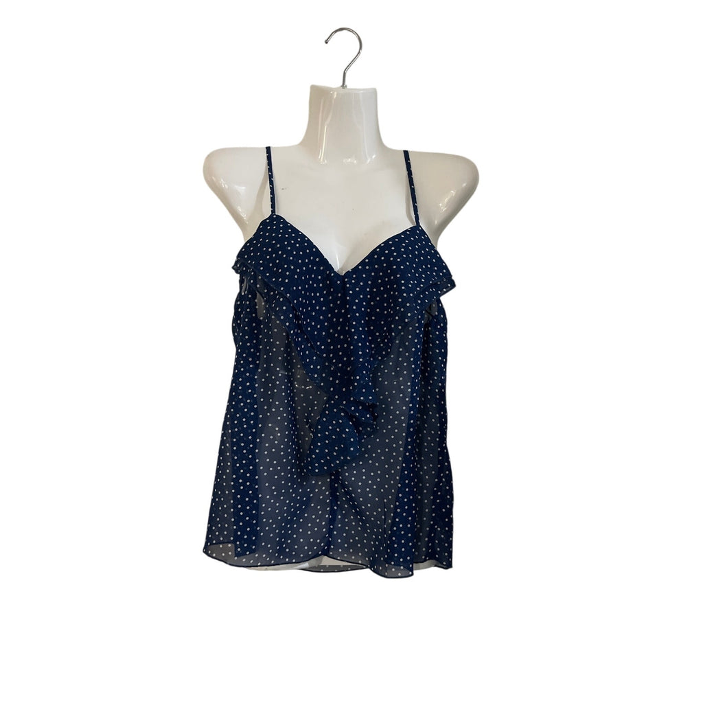 Essentials XXI Navy Blue Polka Dot Ruffle Chiffon Camisole Top SZ S Y2K Romantic