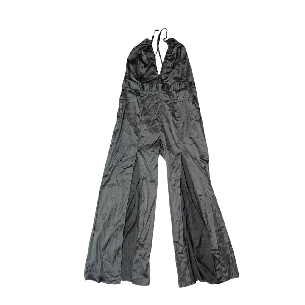 CIDER SATIN STYLE JUMPSUIT STRAPPY X CROSS STRAPS SLIT OPENING WIDE LEG NWT