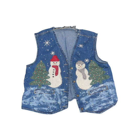 Y Not Sportswear Denim Vest Christmas Winter Button Up 100% Cotton Size Medium