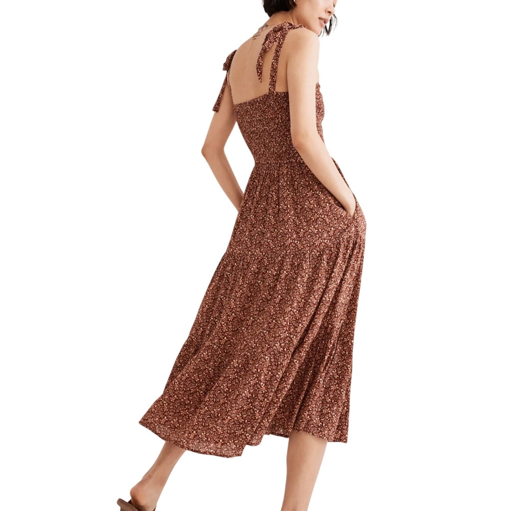 Madewell Lucie Tie-Strap Florentine Floral Tiered Midi Dress SZ L Pockets Boho