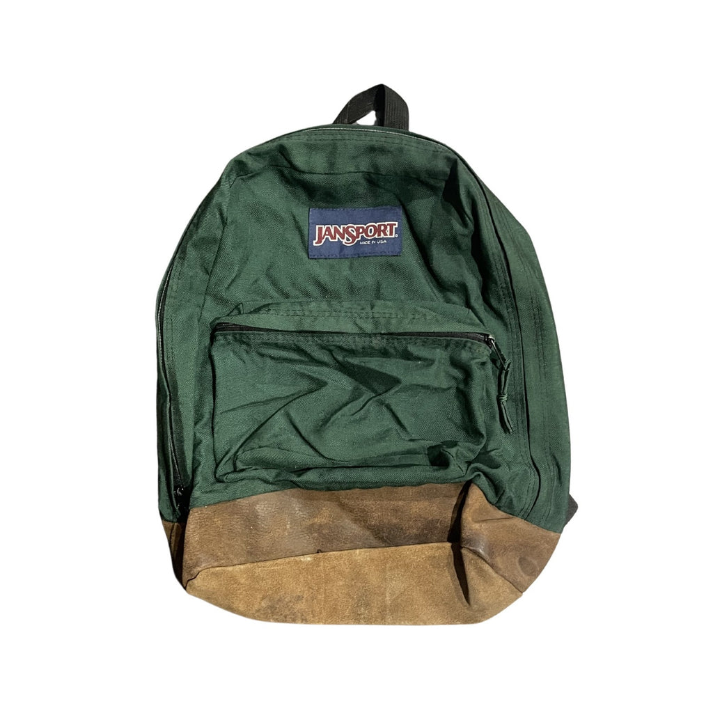 Jansport Backpack Forest Green Canvas Suede Bottom Classic School Vintage 90s